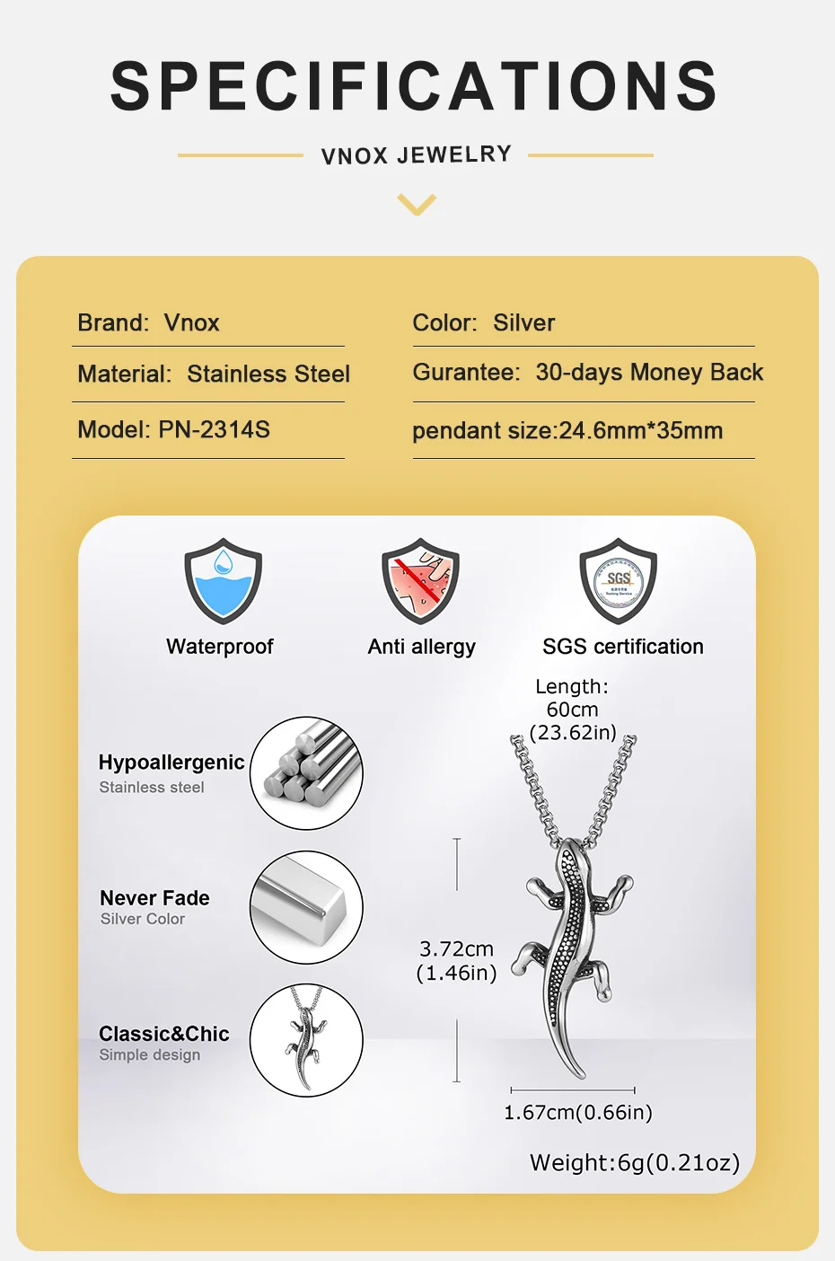 Vnox Edelstahl-Gecko-Anhänger-Halskette für Männer und Jungen, einzigartiger Eidechsen-Charm, Symbol für Glück, Widerstandsfähigkeit, Schmuck, Kreativität, Geschenke – Detail 4