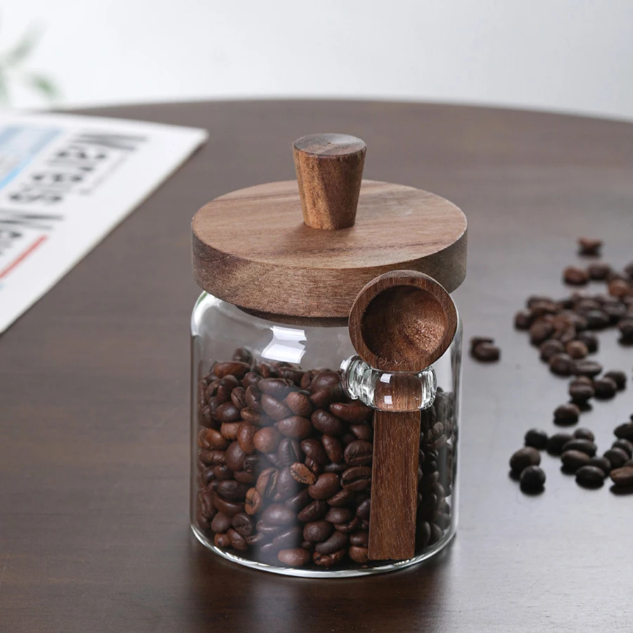 Airtight Glass Food Storage Containers with Wooden Lids - Sealed Jars for Sugar Coffee Candy