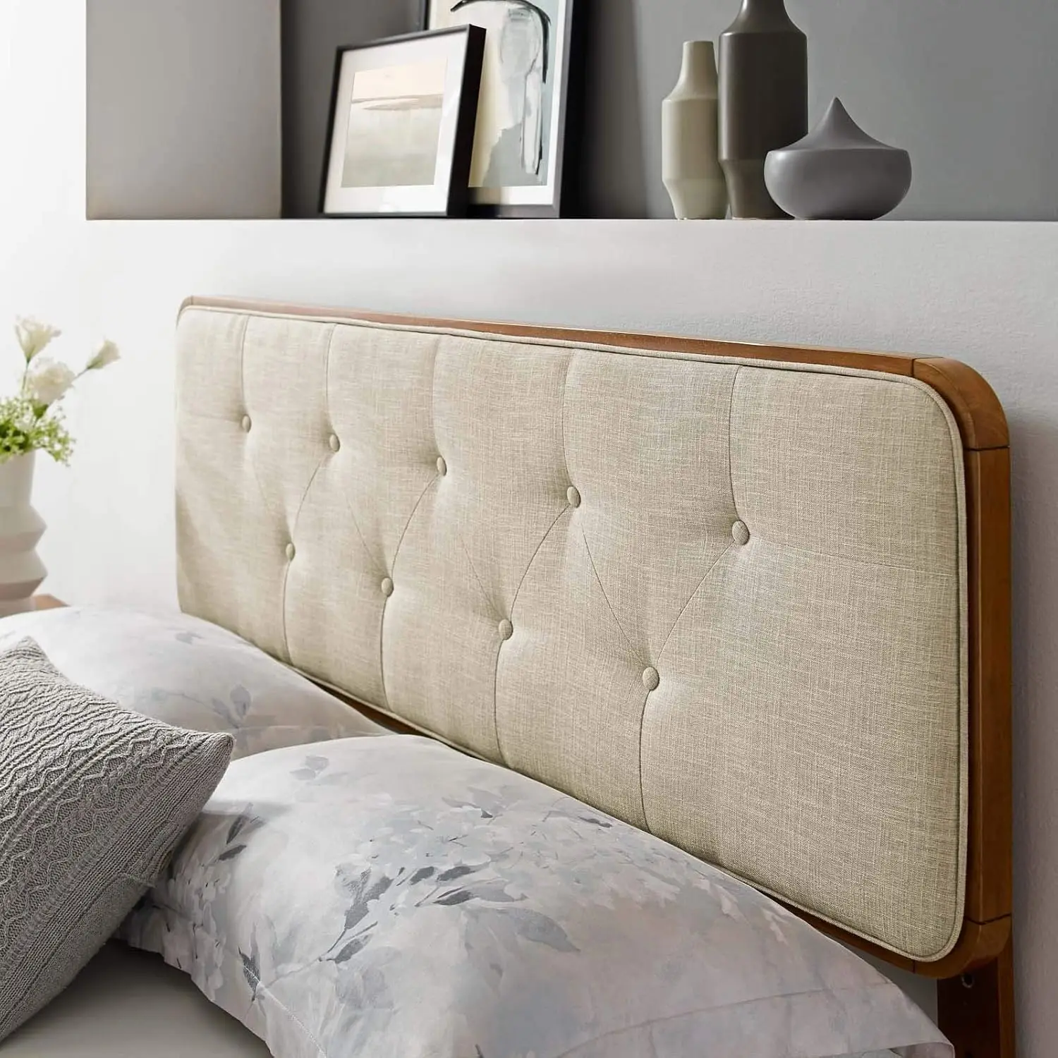 Tufted King Fabric and Wood Headboard, Walnut Beige-Retro Modern Style for Bedroom Decor