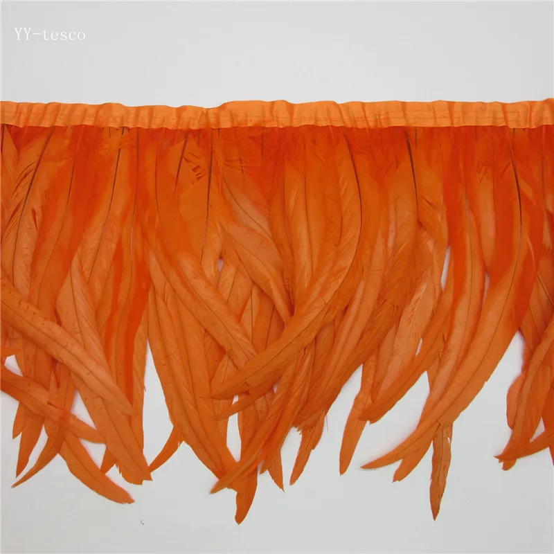 

wholesale 10 yards long Orange high quality natural rooster feather trims trimming with Satin Ribbon 30-35cm for women skirt