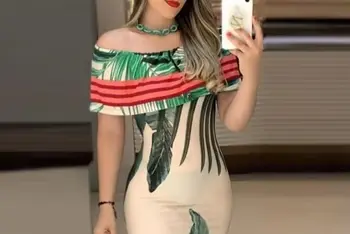 Womens Dresses 2025 Summer New Fashion Plant Print Off Shoulder Short Sleeve Casual Slim Fit Daily Vacation Long Dress 1