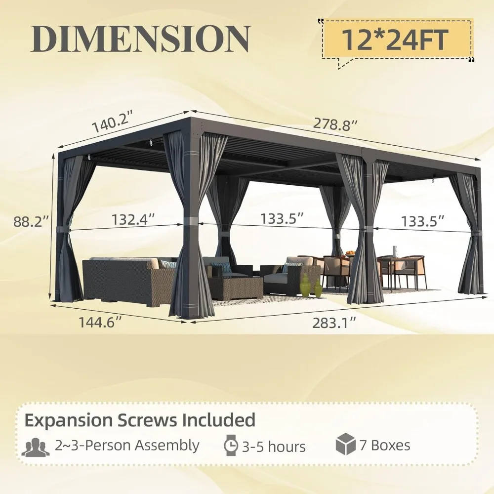 12x24, Aluminum Pergola with Adjustable Louvered Roof, Outdoor Pergola with Waterproof Curtains and Nets, Dark Grey, Gazebos 3