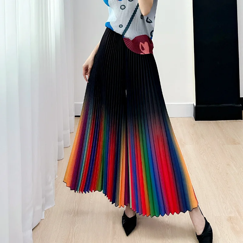 Women\'s Spring/Summer New Gradient Pleated Loose and Versatile Wide Leg Flare Pants Fashion Autumn Street Style Rainbow Pants