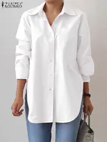 2023 ZANZEA Spring Elegant Blouse Stylish Women Lapel Neck Long Sleeve Shirt Loose Solid Split Hem Tops Oversize OL Work Blusas - Image 5