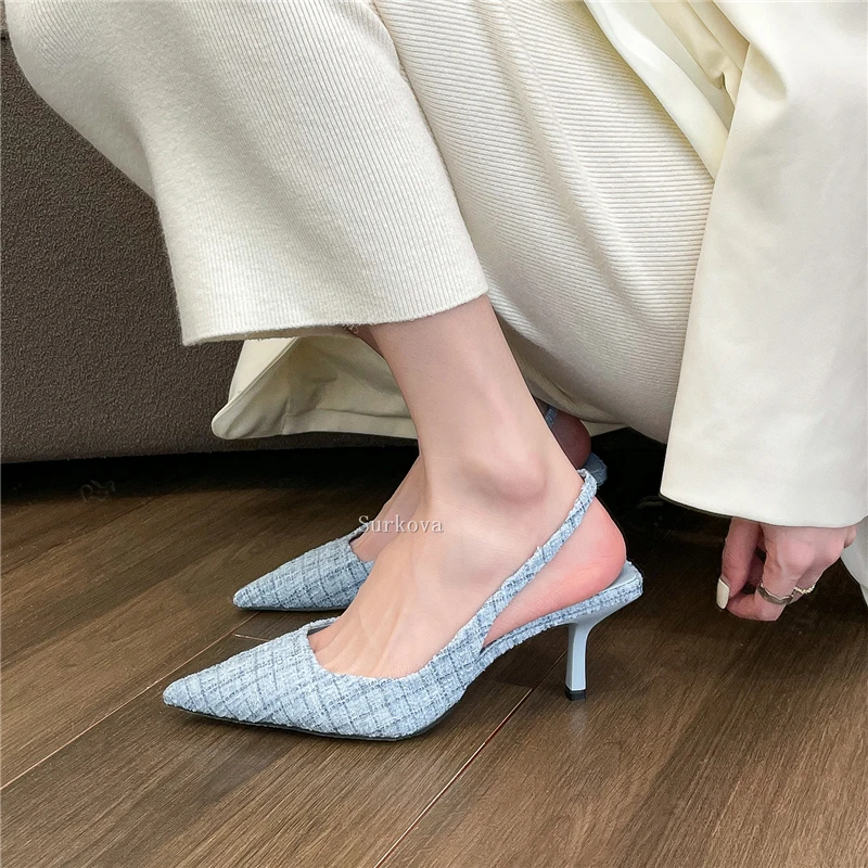 

Elegant Light Blue Thin Heels Sandals Ankle Warp Slip On Office Lady Pumps Woman Pointed Toe Fashion Green Apricot Color Shoes