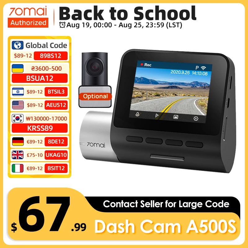 70mai A500S Dash Cam Pro Plus+ DVR Camera 1944P GPS ADAS Speed Coordinate Night Vision WiFi DVR 24H Parking Monitor dash cam
