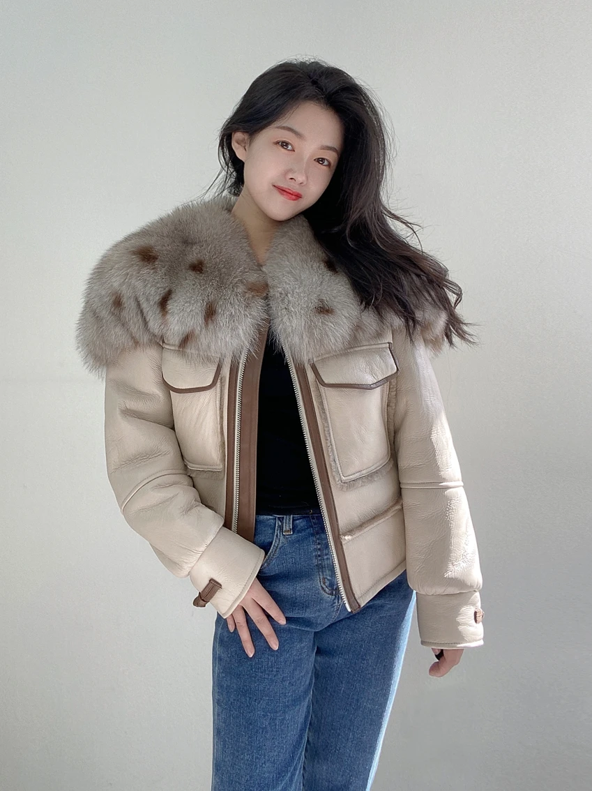 HDHOHR 2024New Fox Fur Collar Women Genuine Leather Shearling Jacket Winter Thick Warm Real Fur Wool Lining Sheepskin Short Coat