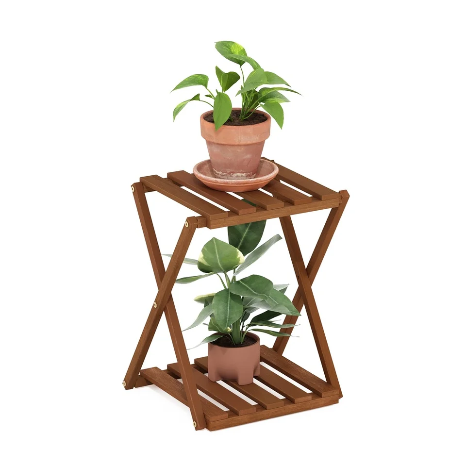 Compact Natural Wood Folding Plant Stand Table