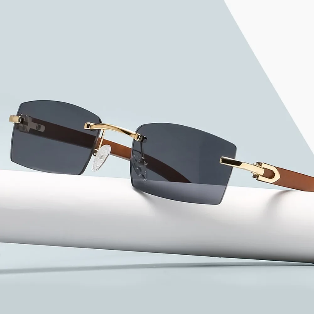 Retro Sunglasses for Women Ins Same Style Wood Texture Leopard Grain Mirror Legs Octagon Frameless Korean