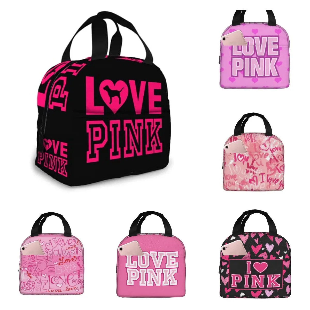 Amor Rosa Preto Portátil Isolado Lunch Bag Tote À Prova D' Água Bento Bags Lunch Box para Piquenique Escola de Trabalho