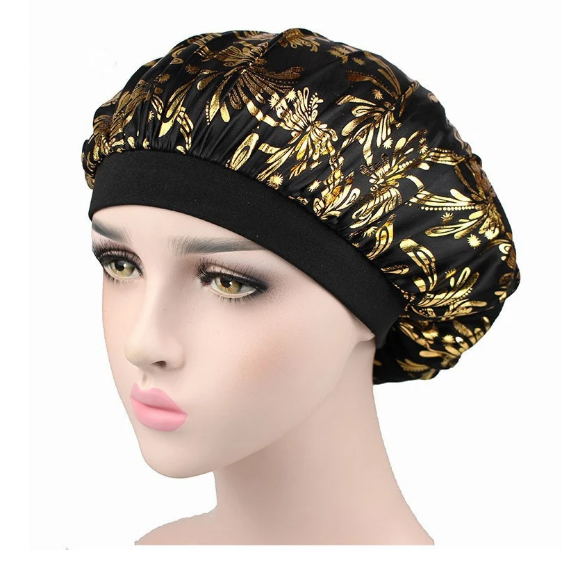 Hot Imitation Silk Wide-brimmed Night Cap Leopard Print Color With Streamer Round Cap Shower Cap Hairdressing Bonnet