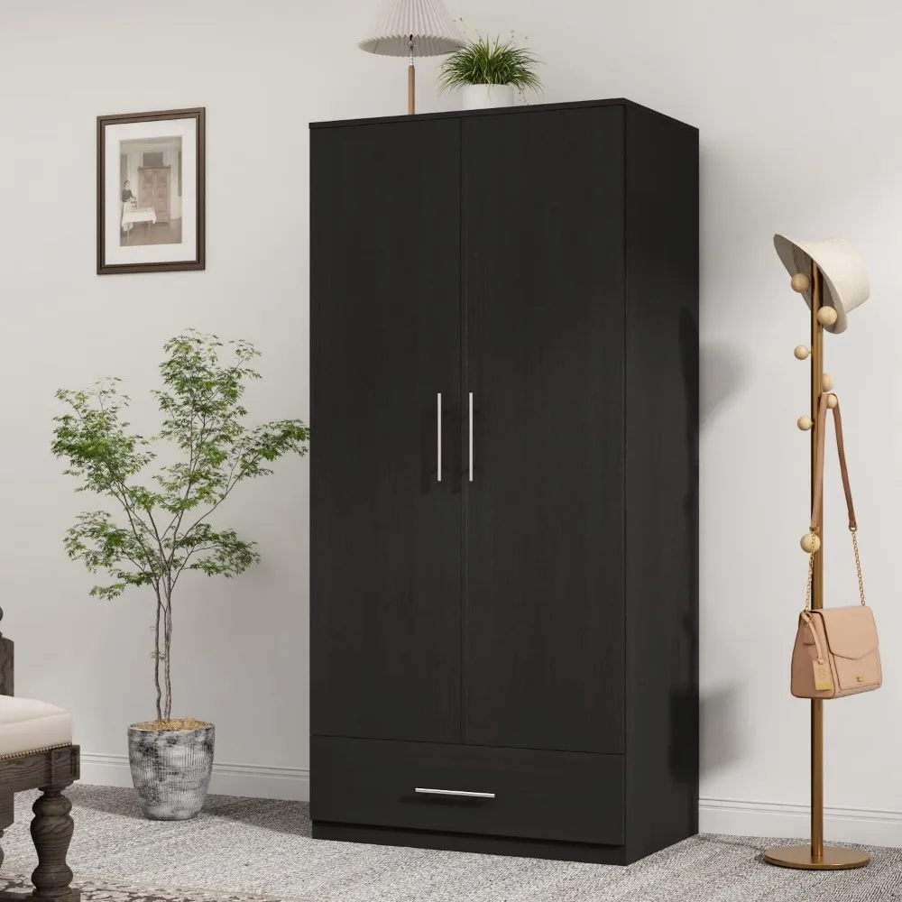 2 Doors Wardrobe Armoire with Drawer, Freestanding Armoire Wardrobe Closet with Hanging Rod, Wood Clothes Storage Cabinet 3