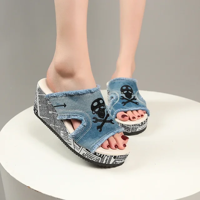 Printing Cowboy Slippers Women High Heels Fashion Shoes Summer 2024 Sandals Designer Brand Female Slides Wedges Zapatos Pumps 1