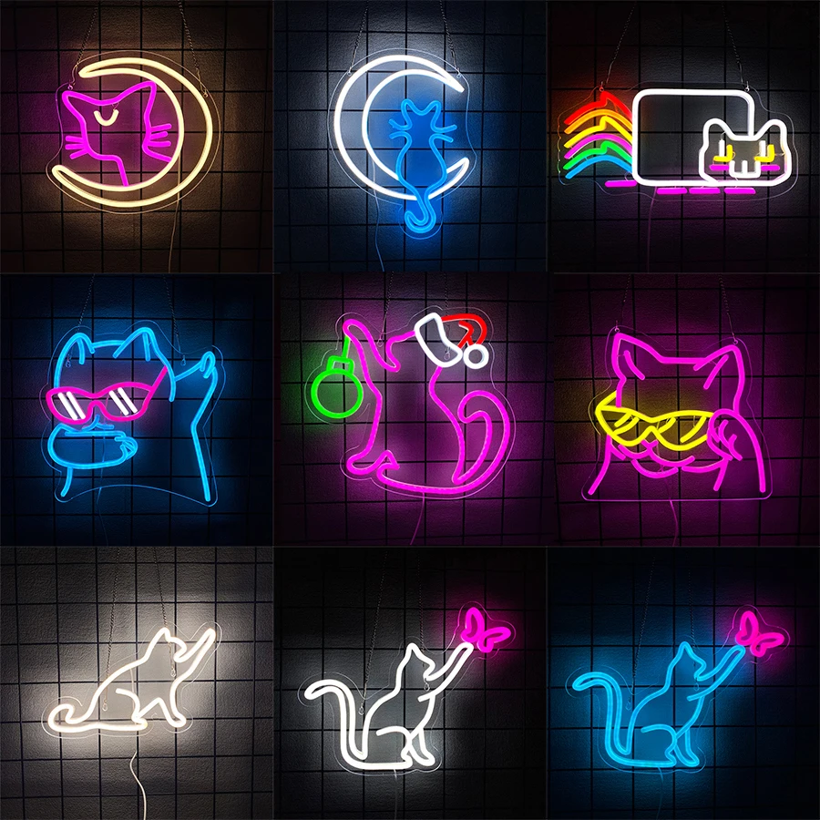 멋진 고양이 안경 네온사인 벽 장식, 달 고양이 USB LED 네온사인 프레피룸 생일 파티 장식