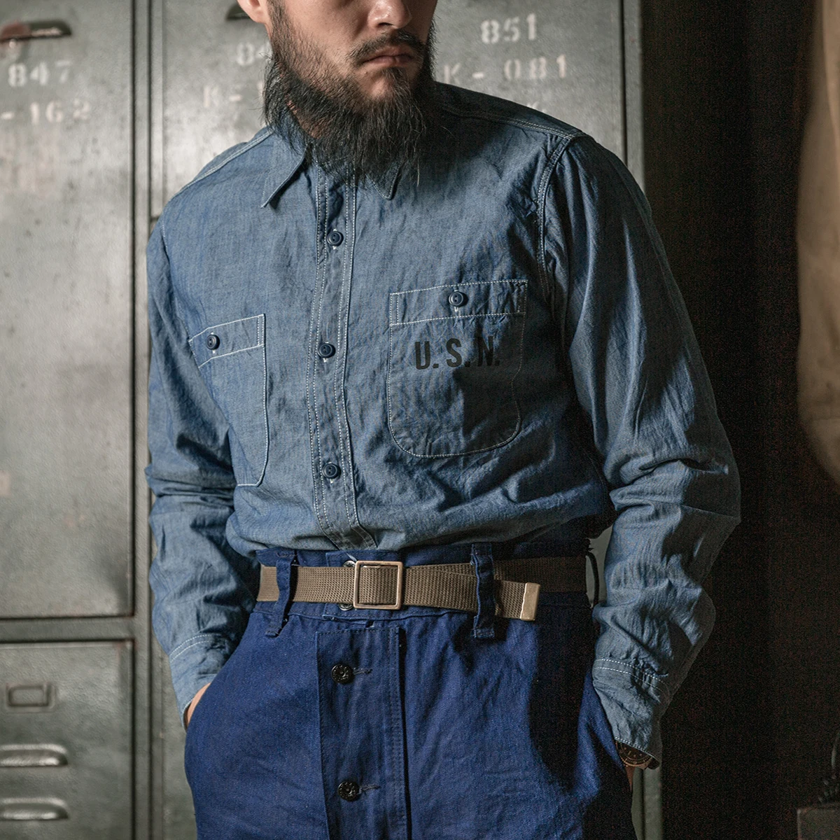 Bronson Repro Usn Chambray Camicia Da Lavoro Robusta Cimosa Da Uomo Abbigliamento Da Lavoro Azzurro