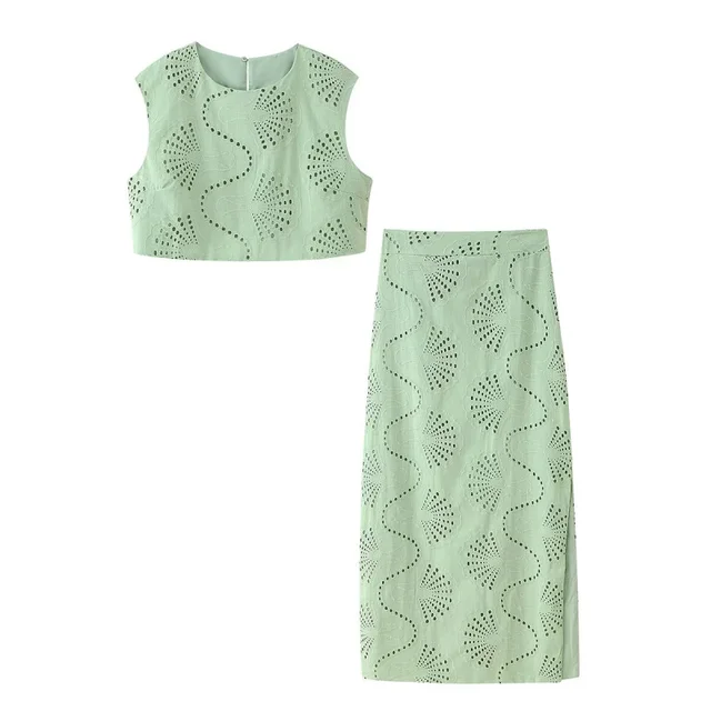 Jamie Hollow Embroidery Round Neck Slit skirt Set 6