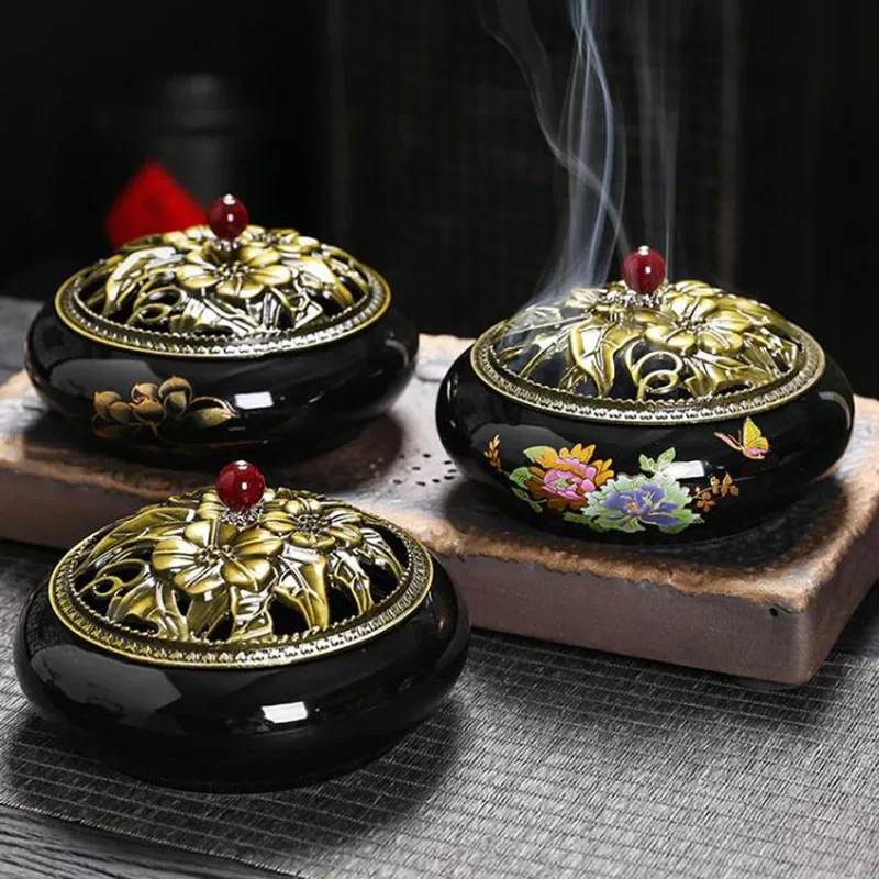 Porcelain Black Sandalwood Coil Incense Holder Hollow Flower Pattern Aroma Burner Fragrance Censer Home Decor