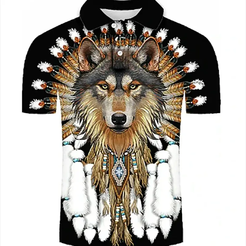 Description Picture 3 of itemMen's Polo Shirt Tennis Shirt Golf Shirt Wolf Pattern Printed Collar Black Red Blue Green 3D Printed