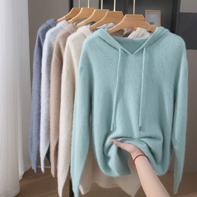 Men's hooded sweater autumn winter 100% mink cashmere sweater casual knitted pullover long-sleeved solid color loose knitted top 1