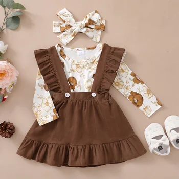 0-12 mesi neonata set bellissimo top camelia + gonna con bretelle + fascia per capelli 3 pezzi bambina primavera e autunno set moda 1