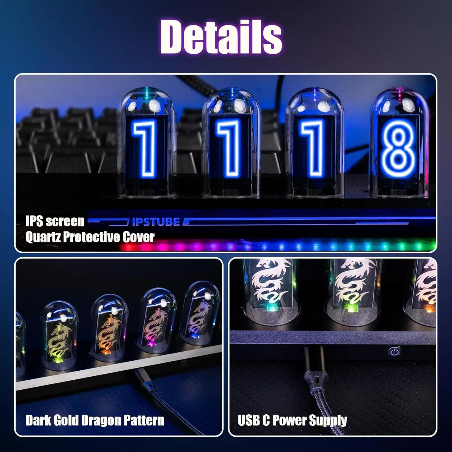 1PC Nixie Tube RGB Retro Digital Clock Light, IPS Glows Analog Clock, Support Wi-Fi Time Calibration, APP Control, Wheather Mode 6
