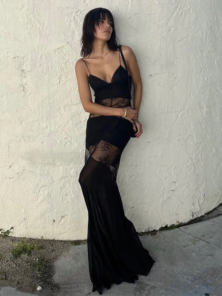 Lace See Through Sling Maxi Dress Women Sexy Slim Black Backless Sleeveless Long Dresses Female Summer Chic Party Evening Robes 3