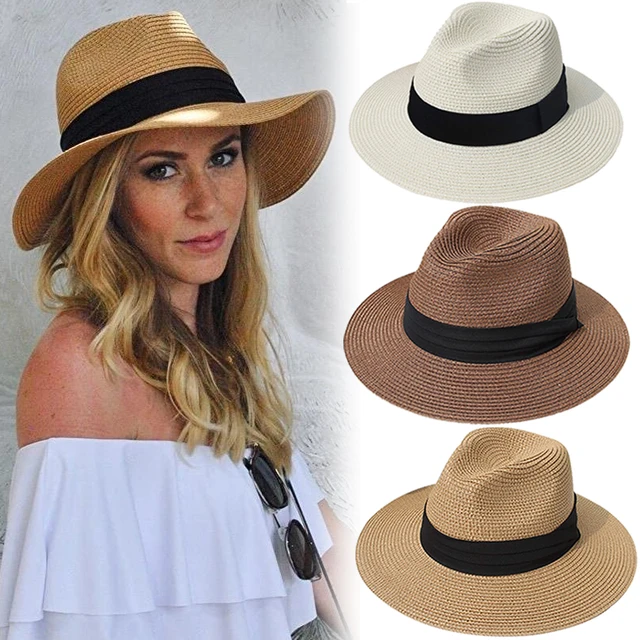 Unisex Panama Straw Hats for Women Men Summer Beach Sun Hat Wide Brim Foldable Cap UPF50+ Cowboy Fedora hat Gangster Cap 1