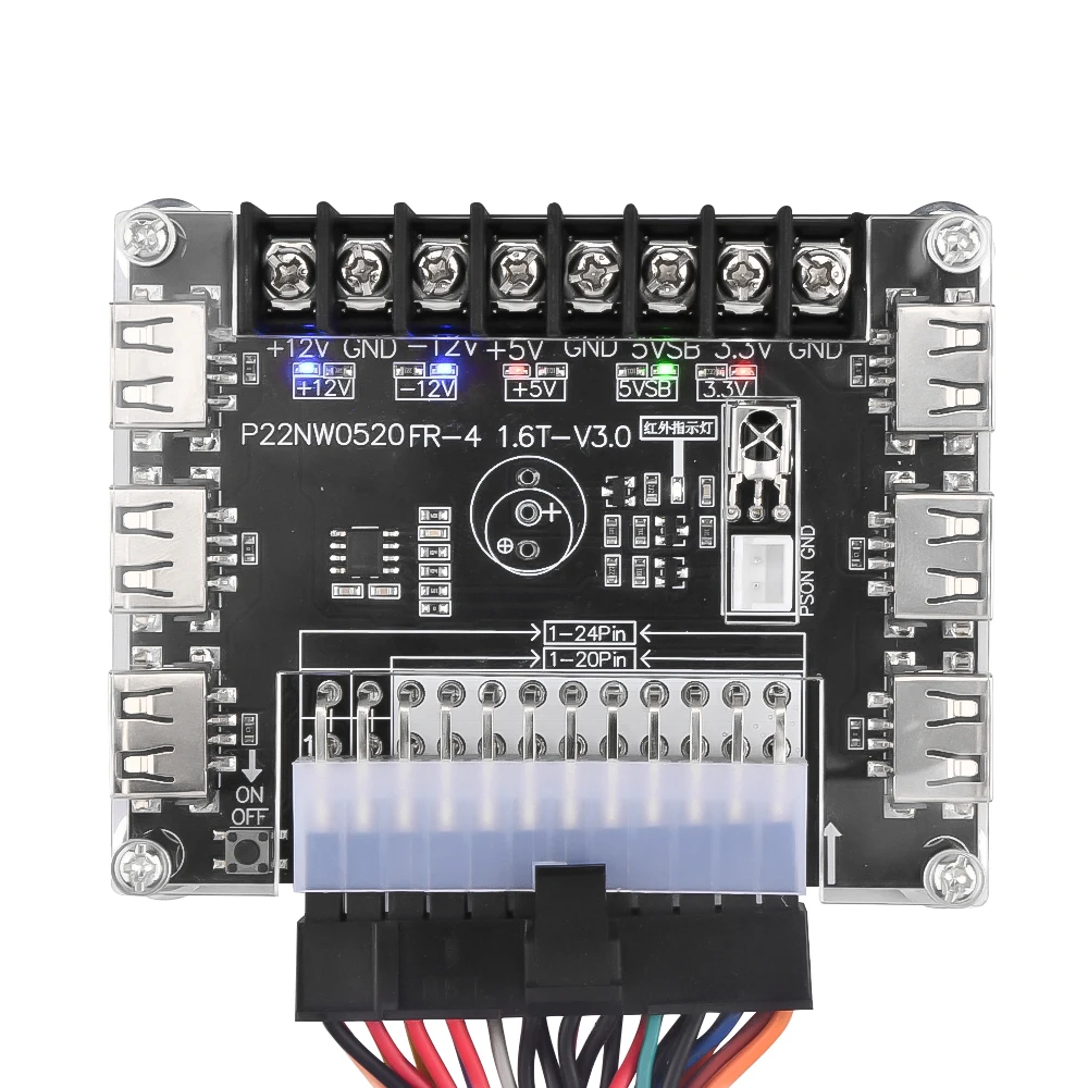 24 Pins ATX Power Supply Breakout Board and Acrylic Case Kit Module Adapter Power Connector Support 3.3V/5V/12V