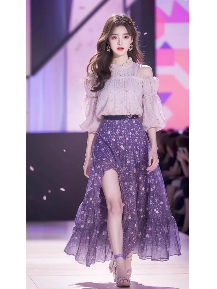 Spring Autumn Elegant Outfit Femme 2024 New Off-the-Shoulder Shirt and Skirt Sets Fashion Sweet Cute Women's Two-Piece Set