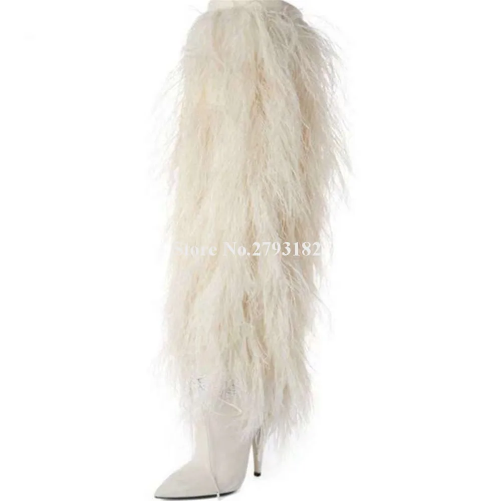 

Модные женские сапоги с мехом, женские привлекательные белые сапоги до колена с острым носком и перьями на шпильке, Очаровательная свадебная обувь