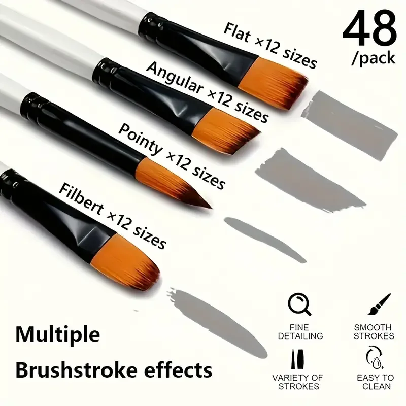 48/pack Artist Brushes, with High-quality Wooden White Handles and Nylon Bristles, Including Round, Flat, Filbert, and Angular 5