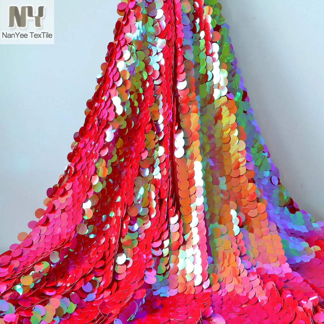 Sequin Fabrics 18mm High Density Big Round Iridescent Multi Colors Large Dot Embrpidery Paillette Tulle For Stage Costume