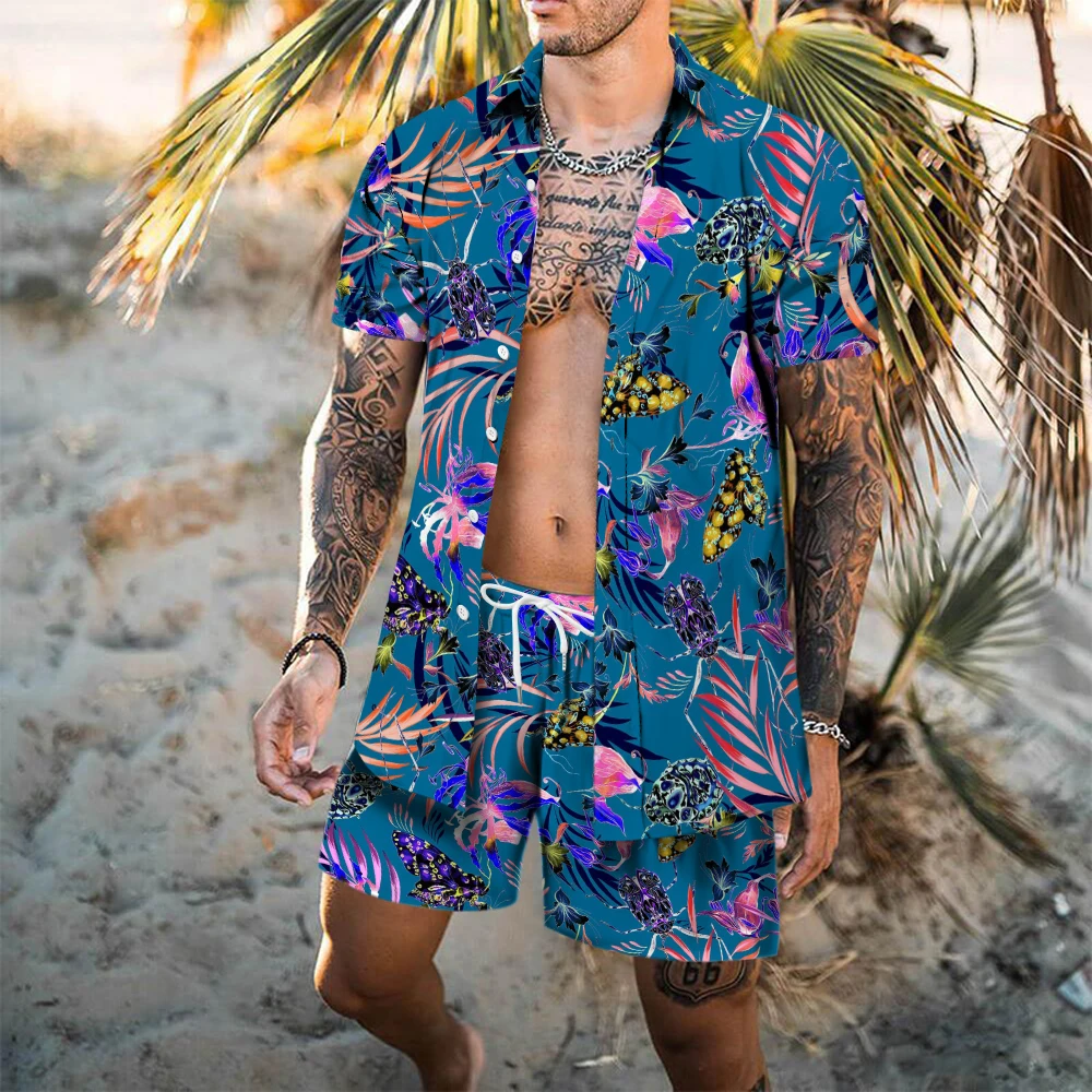

Men's Casual Seaside Vacation Shirts Short Sleeve Shorts 2 Piece Set 2022 Summer Lapel Fashion Hawaiian Shirt Set