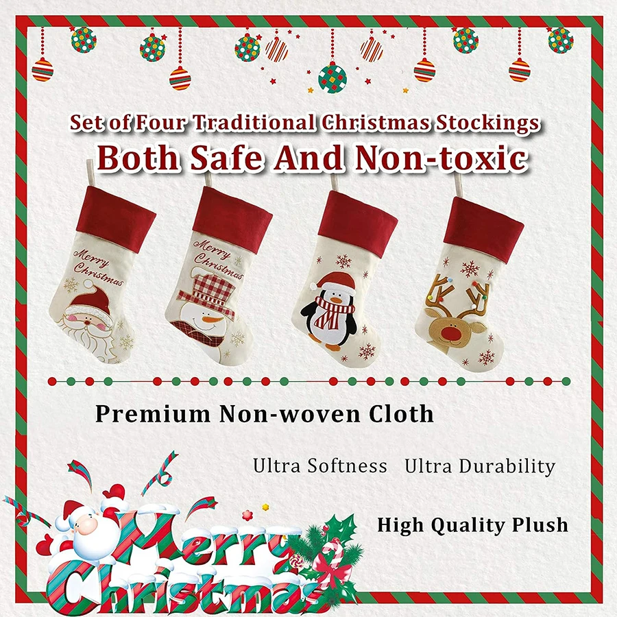 4 Pcs 46cm Knitted Christmas Socks Gift Candy Bag Elk Santa Claus Pattern Red Socks Hanging Decoration New Year Children's Gift