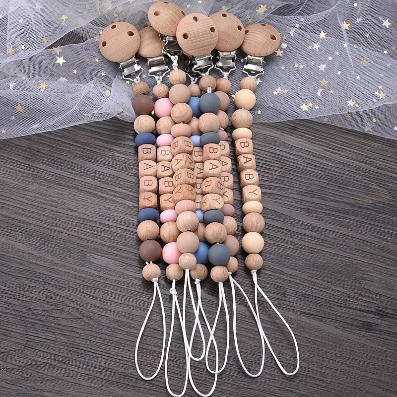 Baby Pacifier Clips Silicone Wooden Beech Beads Anti-Lost Pacifier Chain for Dummy Nipple Holder BPA Free not Personalized 2