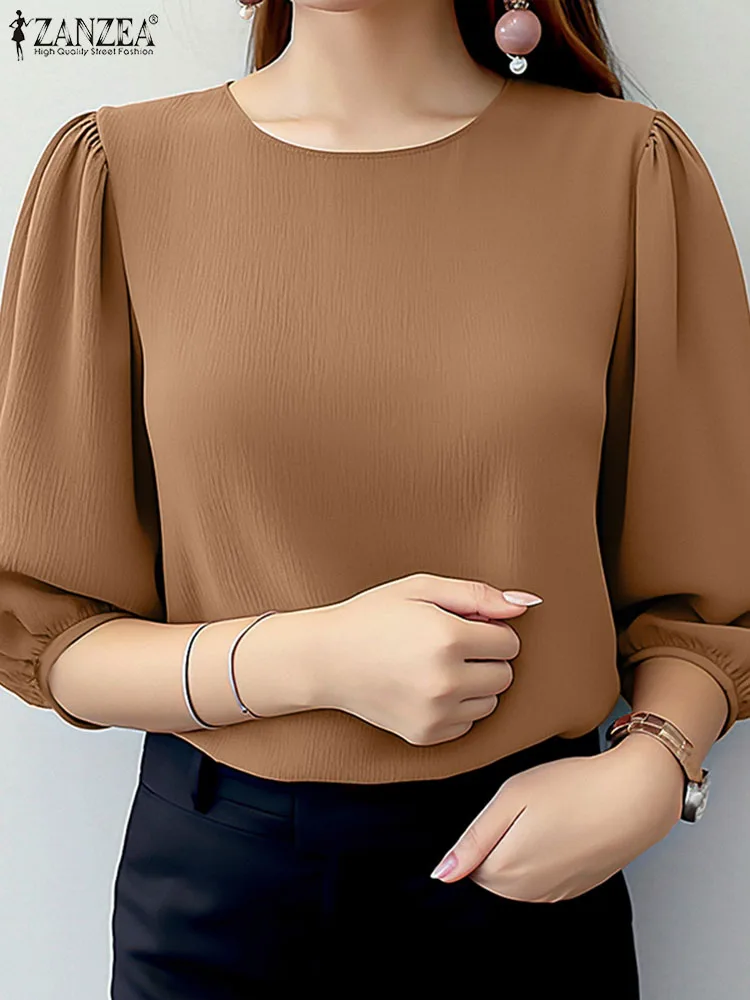ZANZEA Elegant Women Puff Sleeve Blouses 2025 Summer 3/4 Sleeve O Neck Crinkled Texture Blusas Fashion Solid Color Tunic Tops Best Sellers In Women's Clothing