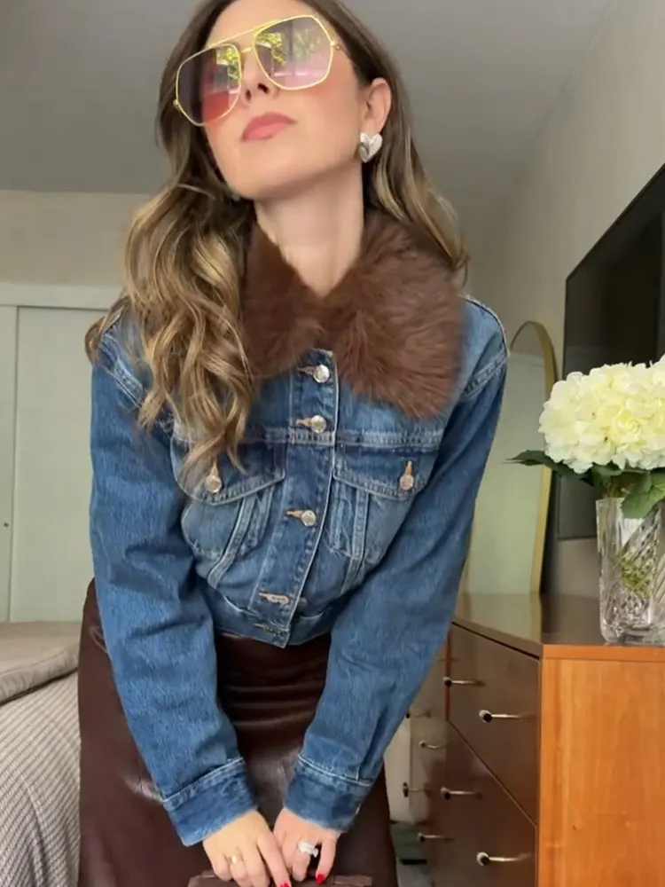 HH Women Fashion Faux Fur Collar Denim Jacket Coat Single Breasted Long Sleeve Jackets With Pockets High Street Lady Outerwear