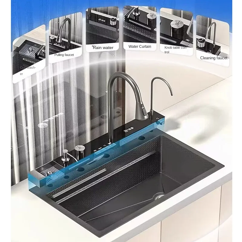 304 Stainless Steel Waterfall Kitchen Sink Large Single Slot Integrated Digital Display Faucet Set Soap Dispenser Cup Washer 2