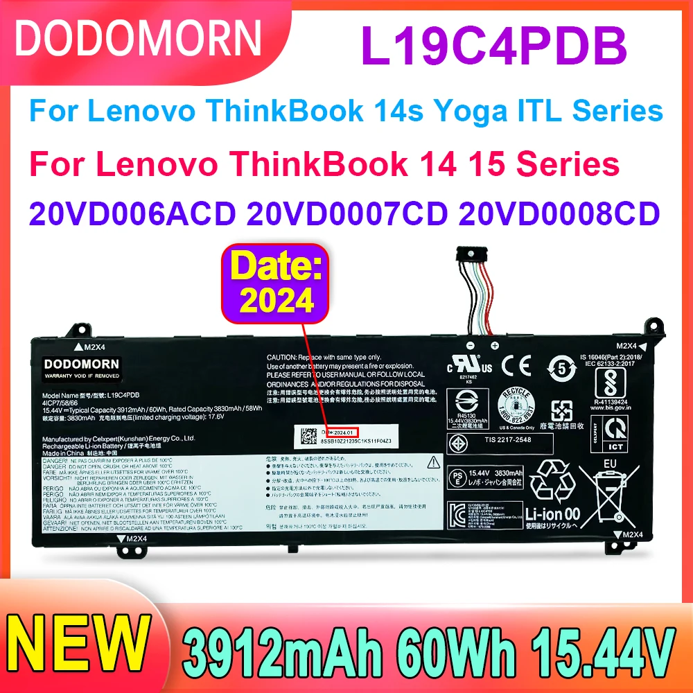 

Аккумулятор DODOMORN L19C4PDB для ноутбука Lenovo ThinkBook 14s Yoga ITL,ThinkBook 14 15 G2 G3 ITL ARE ACL Sereis L19M4PDB 15,44 V 60Wh