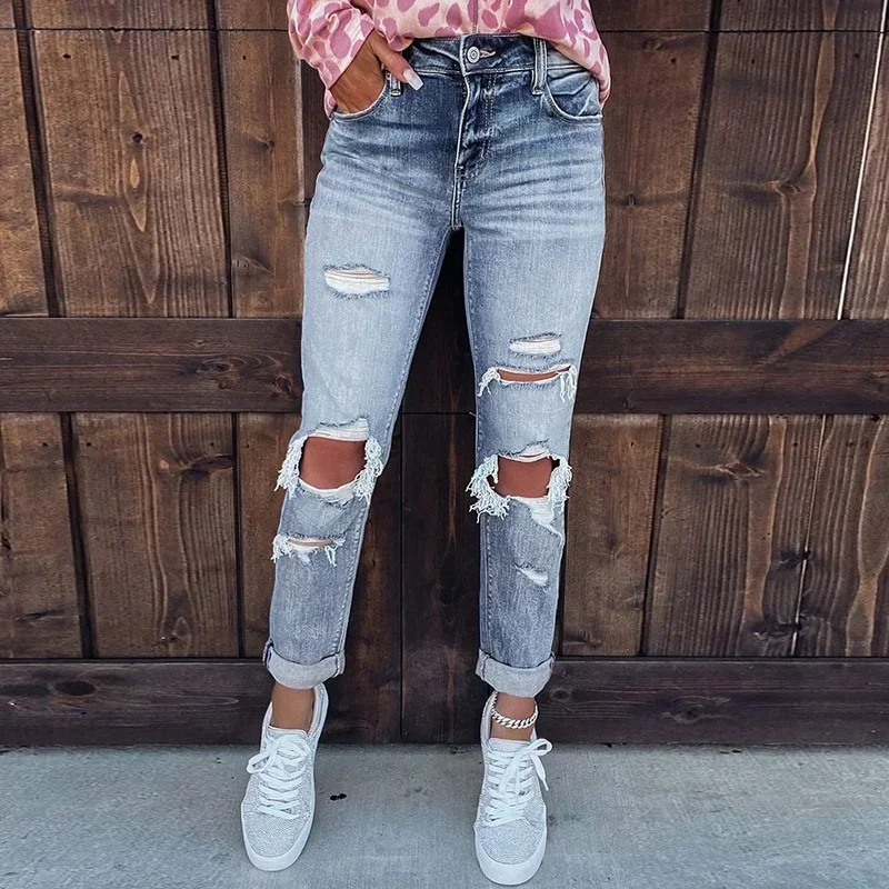 2023 Blue Ripped Jeans for Female Street Style Sexy Mid Waist Distressed Trousers Women Stretch Skinny Hole Denim Pencil Pants sexy light blue ripped jeans for women 2021 street style sexy mid rise distressed trouser stretch skinny hole denim pencil pants