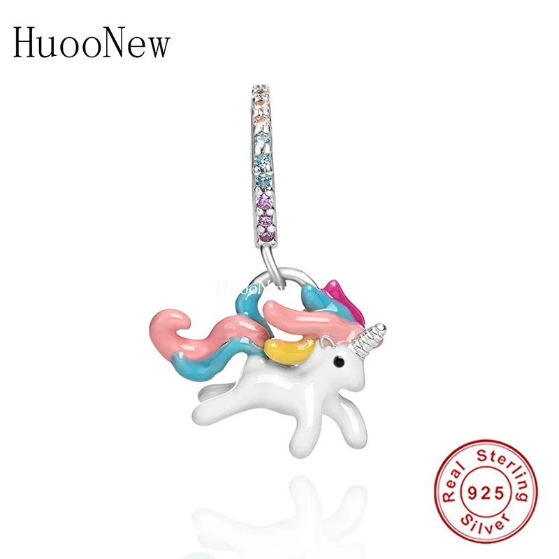 

Fit Original Charm Bracelet 925 Sterling Silver Pink Blue White Color Enamel Unicorn Zirconia Bead For Making Women Berloque DIY