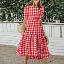 

Celmia A-line Lightweight Midi Dress Elegant Lady Plaid Women Short Puff Sleeve Robe Vacation 2022 Summer Casual O-neck Vestidos