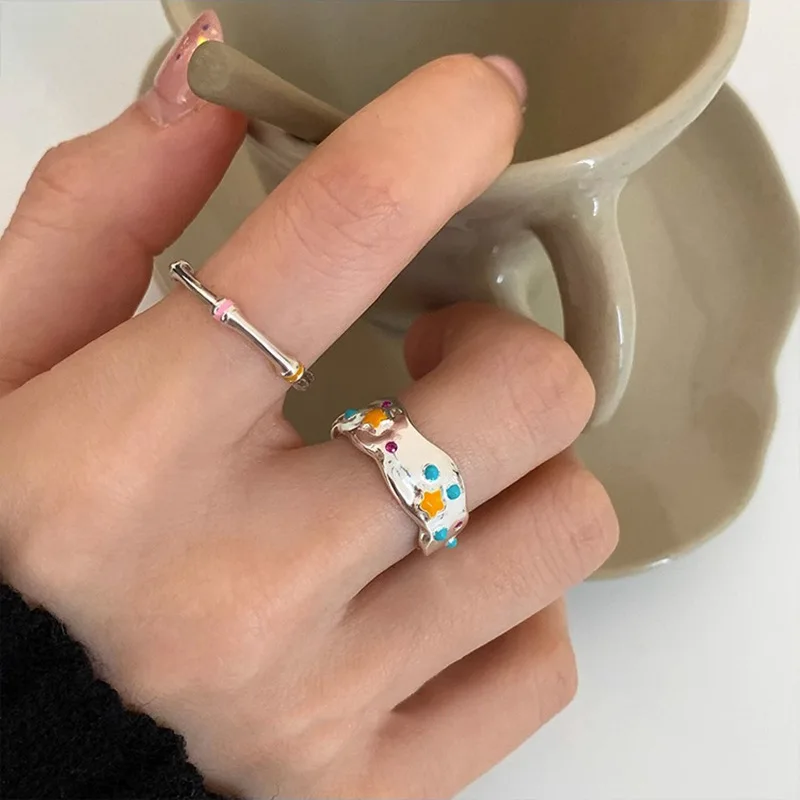 

PANJBJ 925 Sterling Silve Dropwise Glaze Irregular Star Ring for Women Girl Gift Korean Design Ins Jewelry Dropshipping