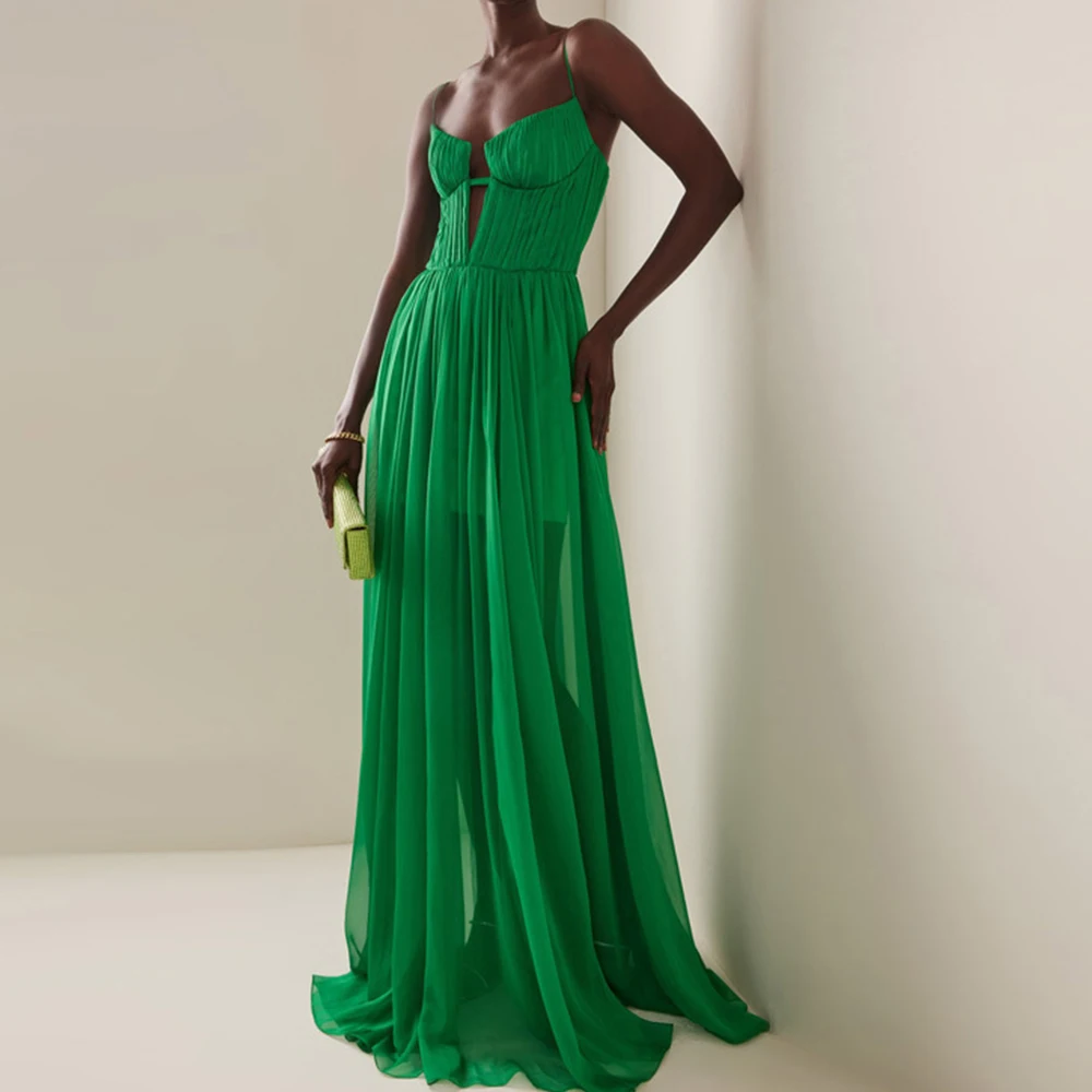 

Prom Gown Green Sleeveless Formal Party Dress Sexy Backless Celebrity Banquet Vestidos De Festa Perspective Evening