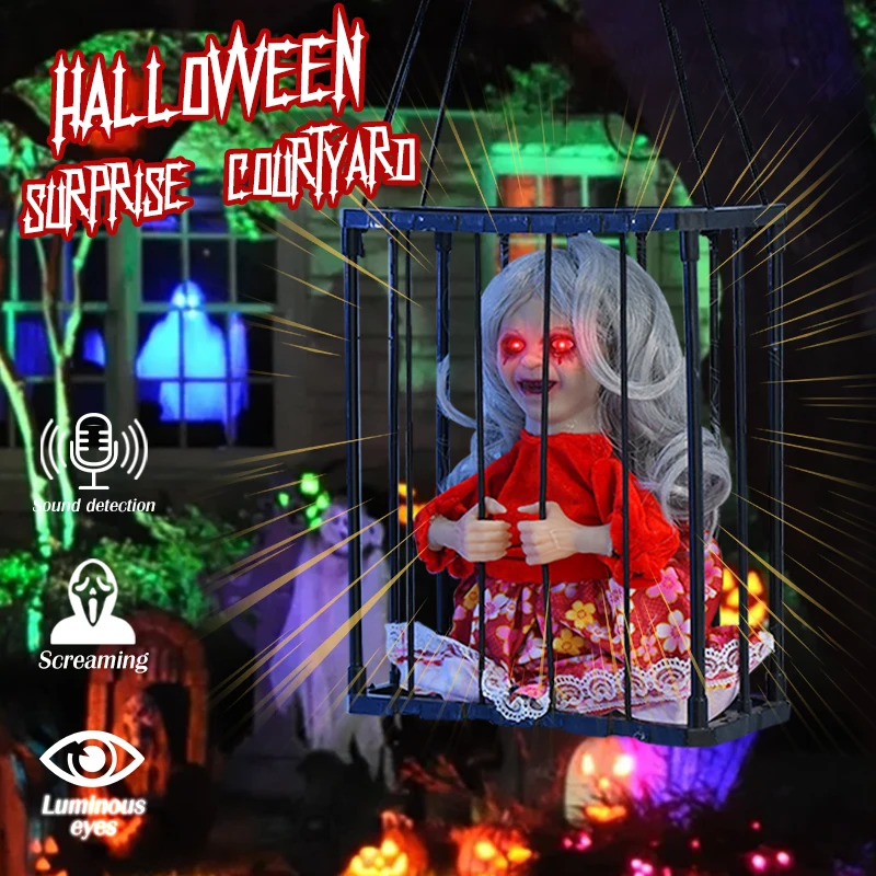 Halloween Animatronic Horror Talk Toys Glow Eye Sound Doll Spaventoso Scheletro Fantasma Prigioniero Hallowen Decorazione Del Partito Casa Stregata