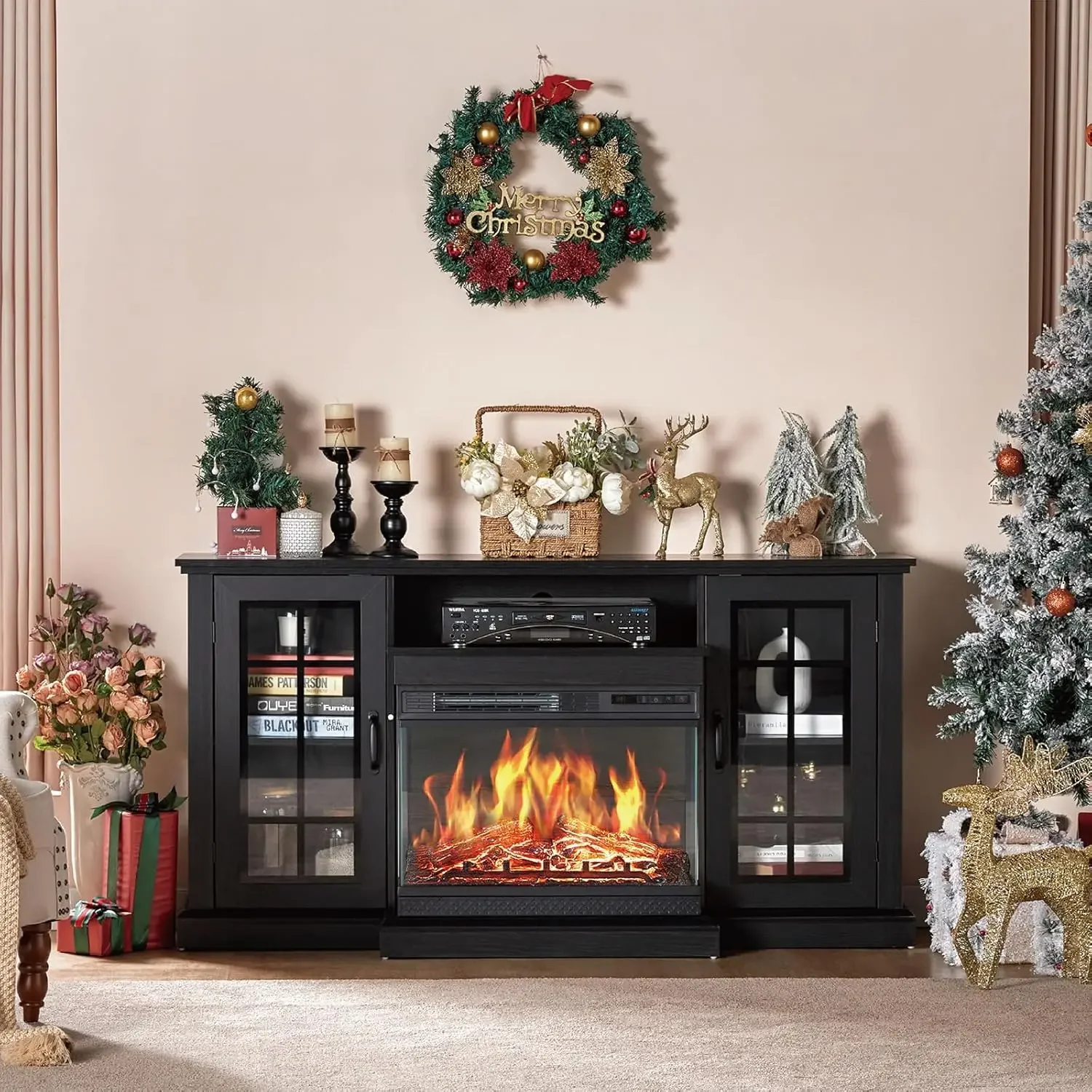 NEW-3-Sided Glass Fireplace TV Stand for TVs up to 65'', Media Entertainment Center Console Table with Door Closed Storage, Blac