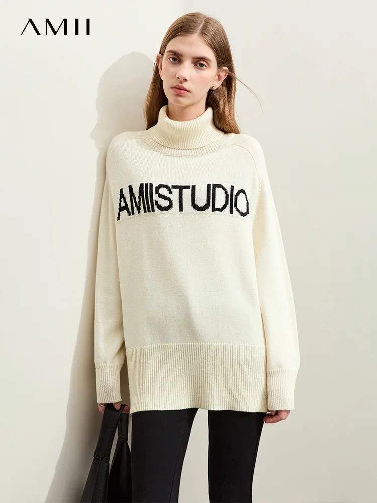 

AMII Minimalist 2023 Winter Sweater Women New Loose Casual Color Block Patchwork Letter Jacquard Turtleneck Split Tops 12354082