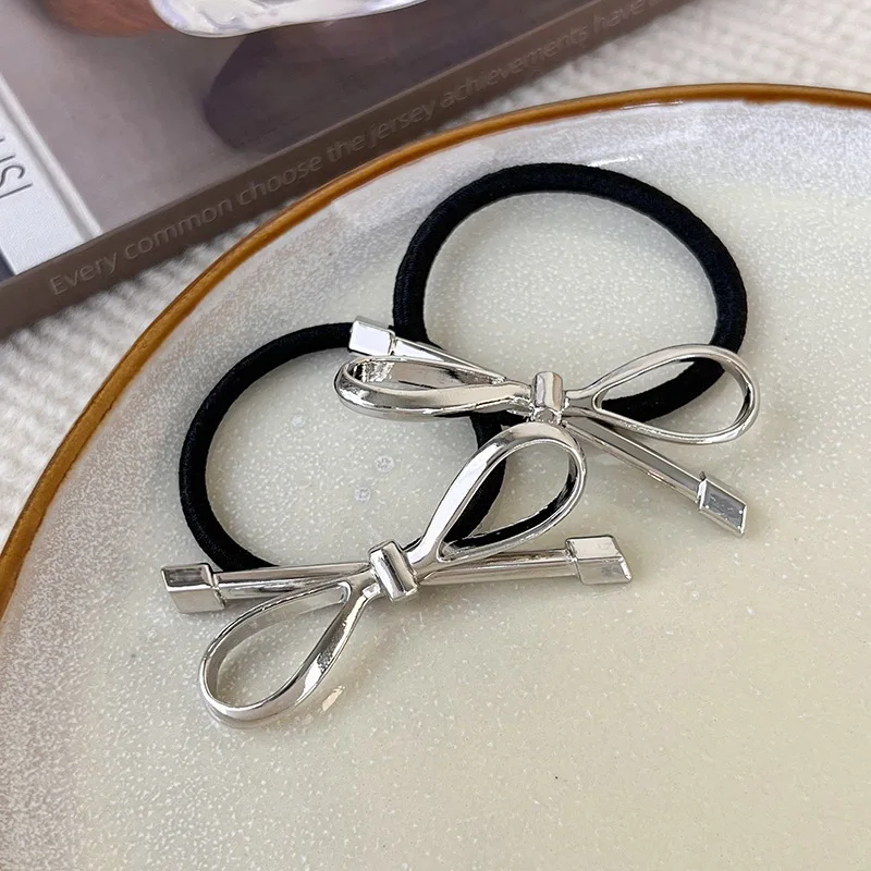 Sweet Cool Style Metal Bow Hair Rope Simple Cold Style Silver Sweet and Spicy Hair Band High Elastic Ponytail Rubber Band
