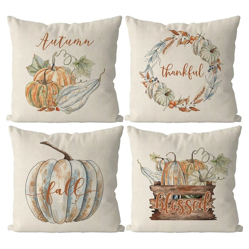 

Fall Pillow Covers 18X18 Set Of 4 Pumpkins Home Throw Pillowcase Outdoor Decorative Cushion Case For Sofa Couch