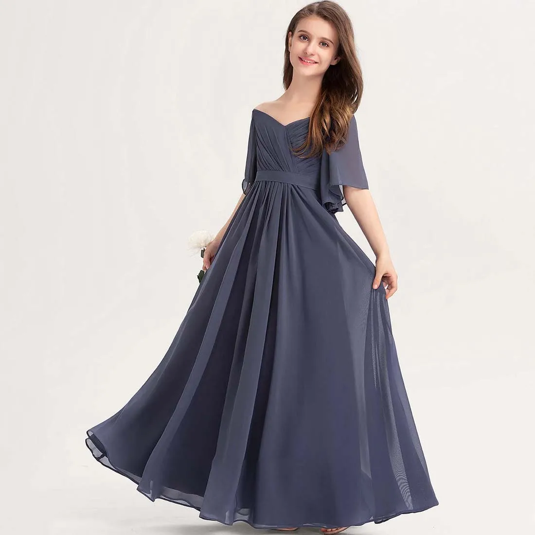 YZYmanualroom Chiffon Junior Bridesmaid Dress With Bow A-line Off the Shoulder Floor-Length 2-15T